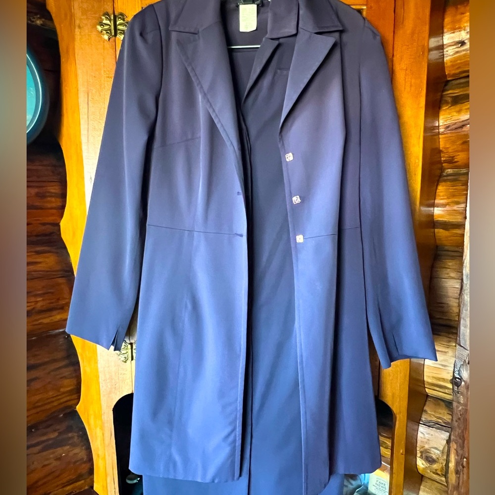SALE! BEBE 3 piece suit-long jacket, dress & pants Navy-Purple Sz 6(M)Exquisite